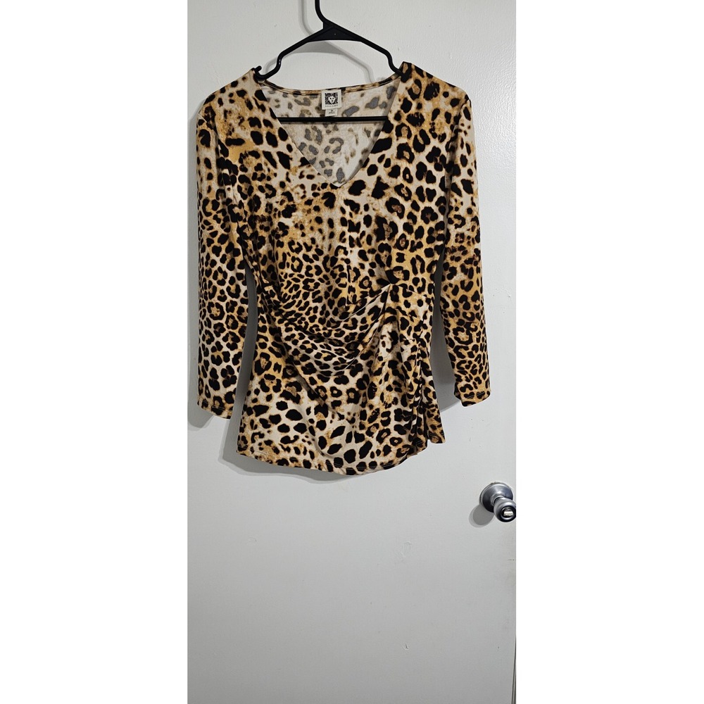 Anne Klein Women's Ruched Top Sz M Black Brown Animal Print Stretch Career Wear